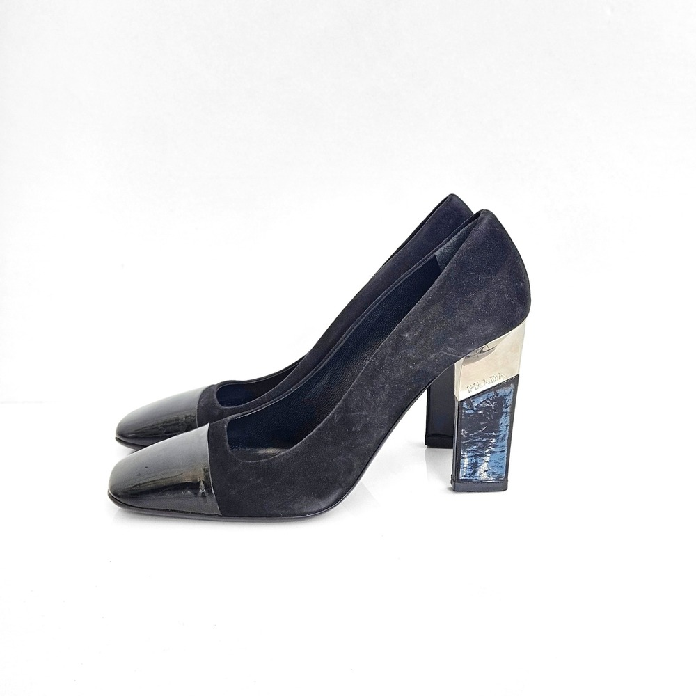 Prada Black Suede Patent Leather Square Toe Block Heel Pumps Silver Accent 36.5